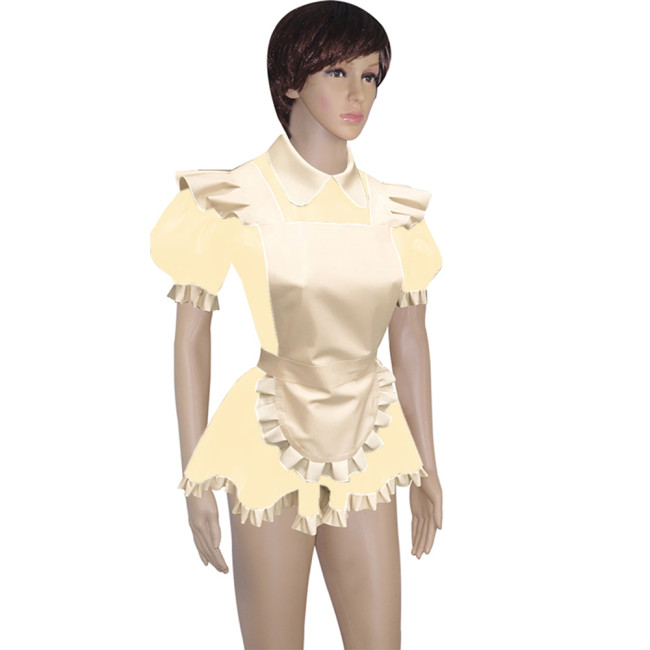 Mens Lockable Short Sleeve Turn-down Collar Maid Uniforms Sissy Glossy PVC Leather Maid Cosplay Costume Outfit Dress with Apron