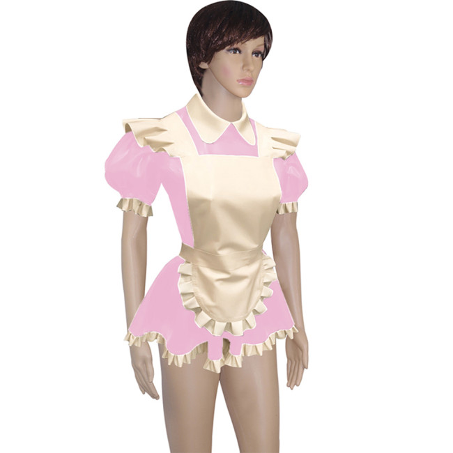 Mens Lockable Short Sleeve Turn-down Collar Maid Uniforms Sissy Glossy PVC Leather Maid Cosplay Costume Outfit Dress with Apron