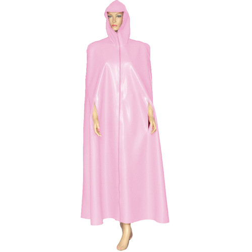 Unisex Vinyl Leather Hooded Cape Robe Exotic Zip Club Long Trenth Wet Look Sleevless with Open Sleeves Holes Shiny PVC Coats