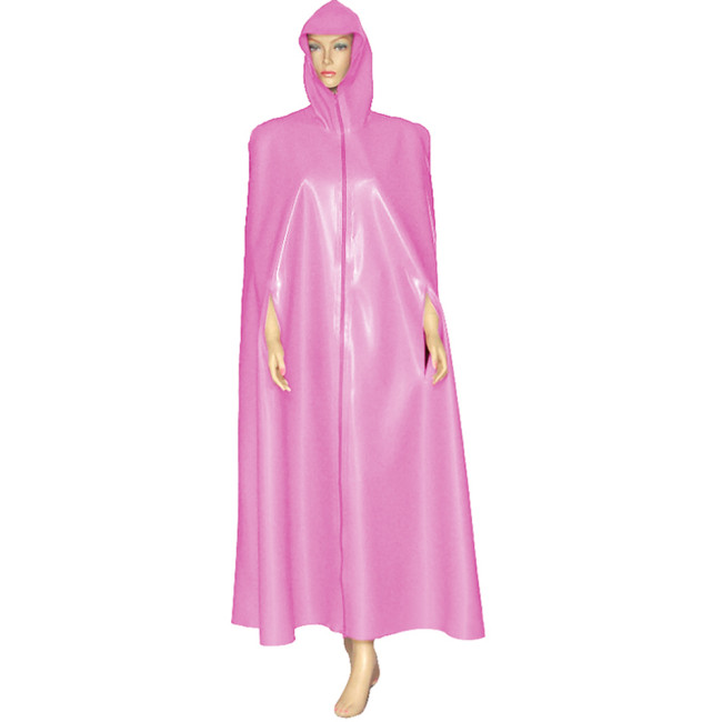 Unisex Vinyl Leather Hooded Cape Robe Exotic Zip Club Long Trenth Wet Look Sleevless with Open Sleeves Holes Shiny PVC Coats