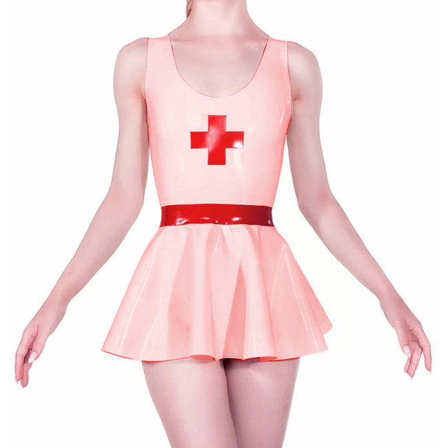 Vinyl PVC Leather Nurse Dress Sexy Adults Sleevelss Crew Neck Mini A-line Nurse Dress Naughty Cosplay Nurse Costume Clubwear Set
