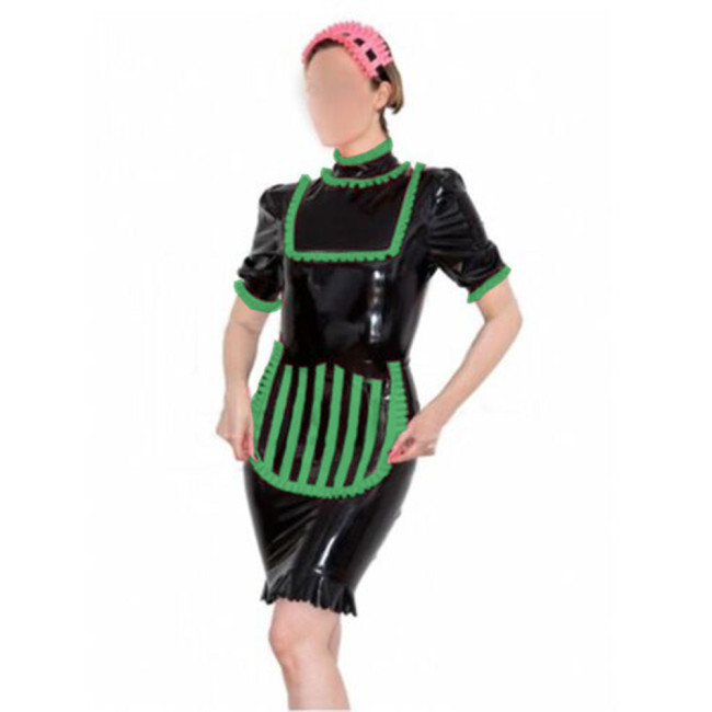 Sexy PVC Leather Ruffle French Maid Dress with Strips Apron Womens Mens Club Fancy Maid Uniform Sissy Bodycon Maid Pencil Dress