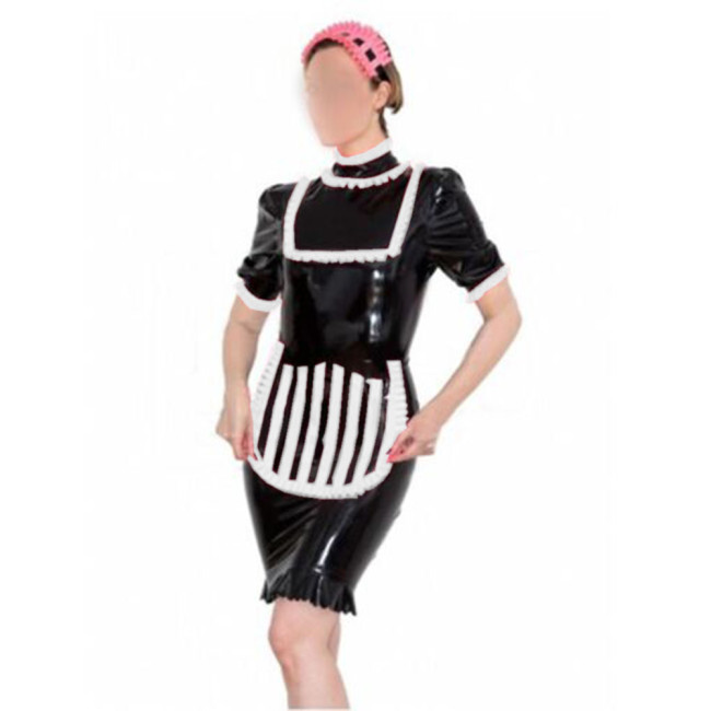 Sexy PVC Leather Ruffle French Maid Dress with Strips Apron Womens Mens Club Fancy Maid Uniform Sissy Bodycon Maid Pencil Dress