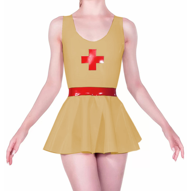 Vinyl PVC Leather Nurse Dress Sexy Adults Sleevelss Crew Neck Mini A-line Nurse Dress Naughty Cosplay Nurse Costume Clubwear Set