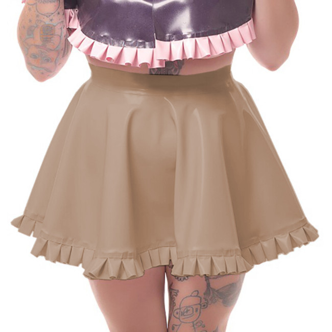 High Waist PVC Shiny Pleated Mini Skirt Sexy Ruffle Mini Short Skirt Glossy Leather Night Party Circle Dance Skirts Club Outfits