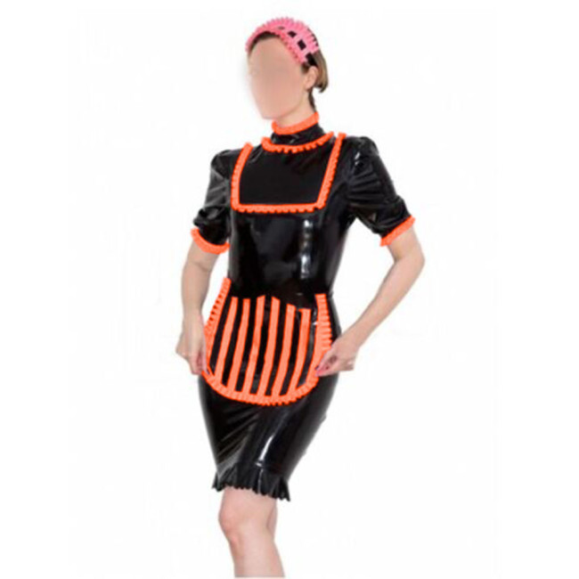 Sexy PVC Leather Ruffle French Maid Dress with Strips Apron Womens Mens Club Fancy Maid Uniform Sissy Bodycon Maid Pencil Dress