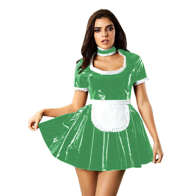 Summer Womens French Apron Maid Dress with Choker Sexy Frills Square Collar Short Sleeve Shiny PVC Maid Uniforms Cosplay Costume