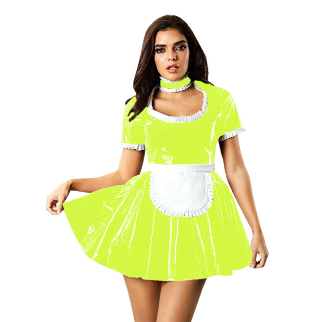 Summer Womens French Apron Maid Dress with Choker Sexy Frills Square Collar Short Sleeve Shiny PVC Maid Uniforms Cosplay Costume