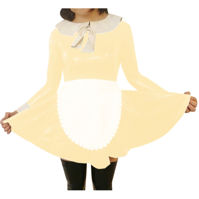 Halloween Party French Maid Dress with Apron Frills Sweet Peter Pan Collar A-line PVC Leather Maid Outfits Sissy Cosplay Costume