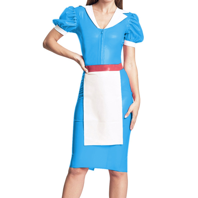 Sexy PVC Lapel Collar Party Cosplay Maid Pencil Dress with Apron Puff Short Sleeve Sissy Maid Dress Uniform Club Maid Outfits