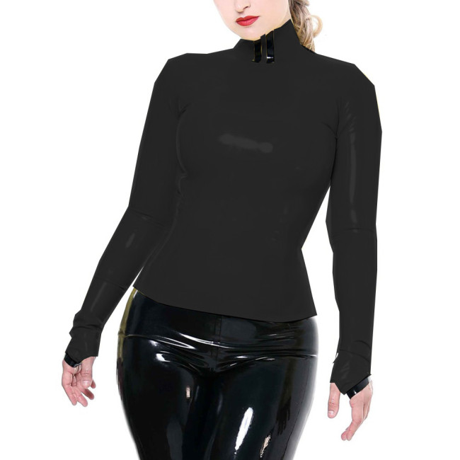 Fashion Gloosy PVC Leather Long Sleeve Back Zipper Sheath Shirts Sexy High Collar Blouse Clubwear Party Gothic Tops Women S-7XL