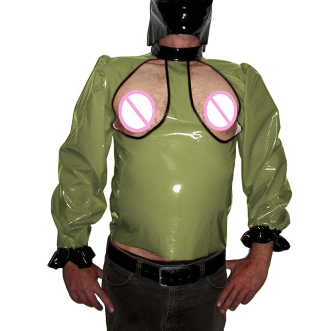 Mens Sexy PVC Leather Open Cups Tee Shirts Wet Look High Neck Puff Long Sleeve Expose Chest Tops Gays Males Fetish Club Costume