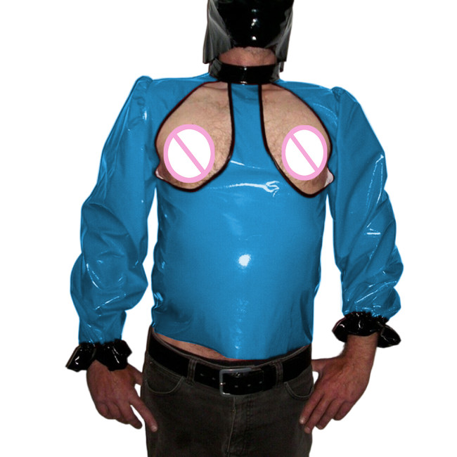 Mens Sexy PVC Leather Open Cups Tee Shirts Wet Look High Neck Puff Long Sleeve Expose Chest Tops Gays Males Fetish Club Costume