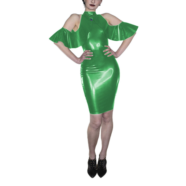 Elegant Lady Cold Shoulder PVC Party Dress Summer Bodycon Ruffle Off The Shoulder Cocktail Dress Female Retro Slim Pencil Dress