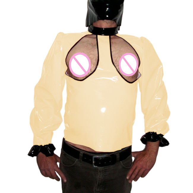 Mens Sexy PVC Leather Open Cups Tee Shirts Wet Look High Neck Puff Long Sleeve Expose Chest Tops Gays Males Fetish Club Costume