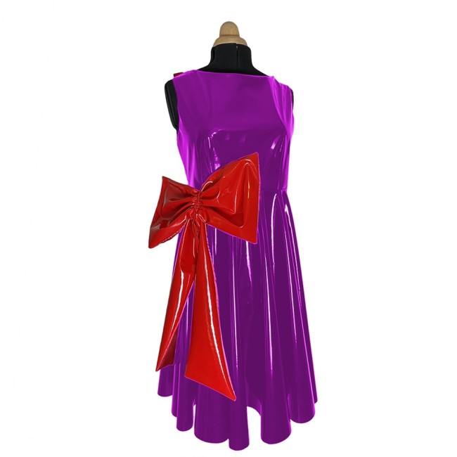 Lady Shiny PVC Chic Cocktail Dress with Large Magenta Bow Sleeveless Backless Evening Nigh Out Pleated Dress Party Proms Vestido