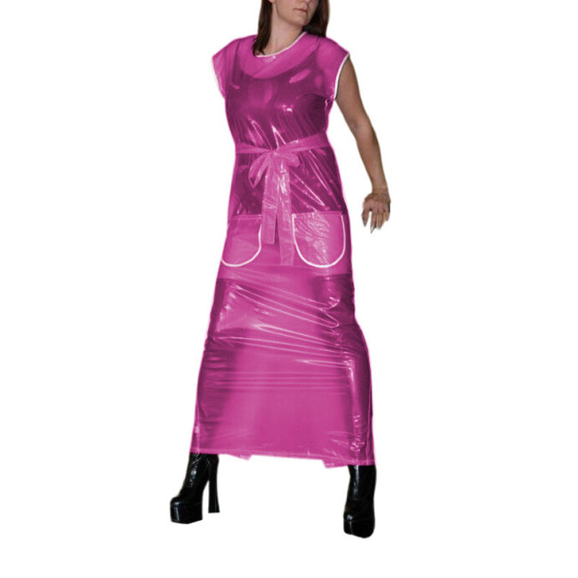 Sexy Clear PVC Ankle-length Pencil Dress Sissy Crew Neck Back Buttons Long Dress with Belt Sleeveless Fetish Plastic Clubwear