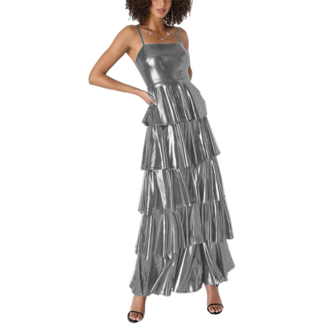 Shiny Metallic Layered Cake Long Dress Summer Streetwear Spaghetti Strap Suspender Ruffled Dress Party Tiered Slim Dress Outfits