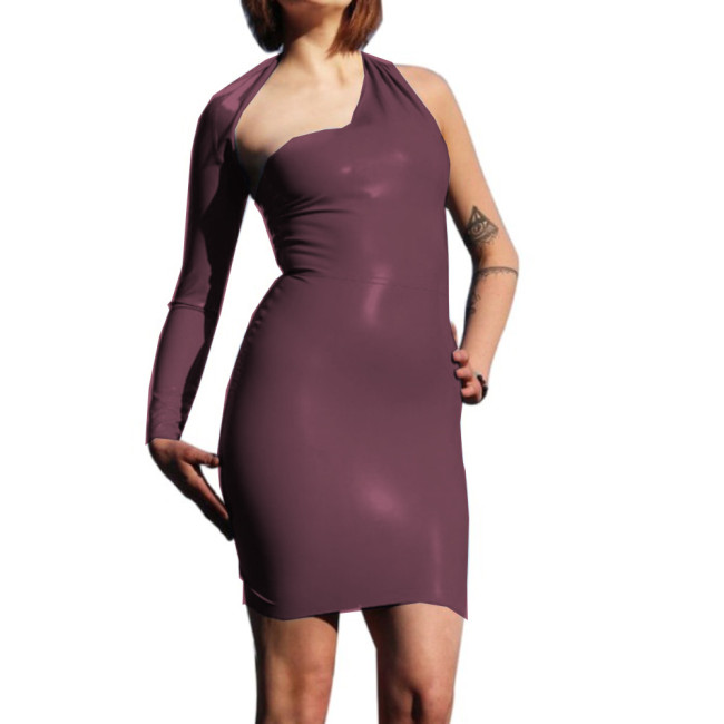 Sexy One Shoulder Long Sleeve Backless Dress Shiny PVC Leather Dress Sheath Mini Dress Fashion Evening Dress Party Club Night