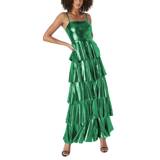 Shiny Metallic Layered Cake Long Dress Summer Streetwear Spaghetti Strap Suspender Ruffled Dress Party Tiered Slim Dress Outfits