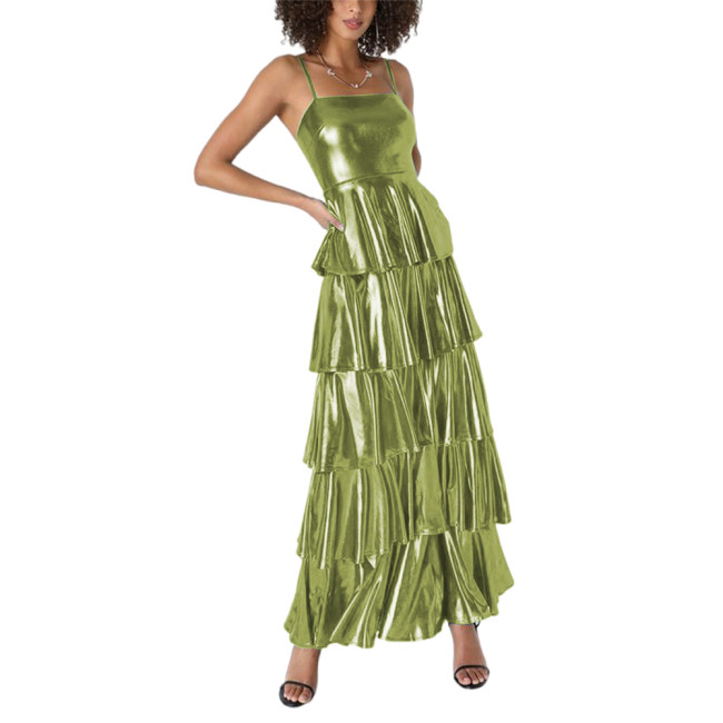 Shiny Metallic Layered Cake Long Dress Summer Streetwear Spaghetti Strap Suspender Ruffled Dress Party Tiered Slim Dress Outfits