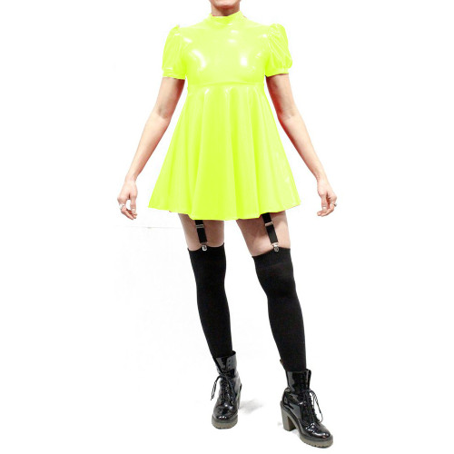 Shiny PVC Leather Mock Neck Sexy High Waist Puff Short Sleeve Mini Dress Party Club Night Vestidos Summer Dress Outfits S-7XL