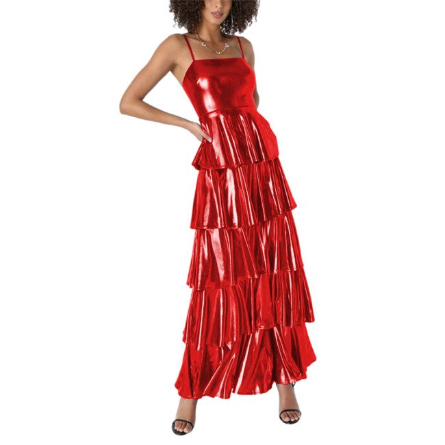 Shiny Metallic Layered Cake Long Dress Summer Streetwear Spaghetti Strap Suspender Ruffled Dress Party Tiered Slim Dress Outfits
