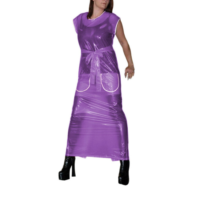 Sexy Clear PVC Ankle-length Pencil Dress Sissy Crew Neck Back Buttons Long Dress with Belt Sleeveless Fetish Plastic Clubwear