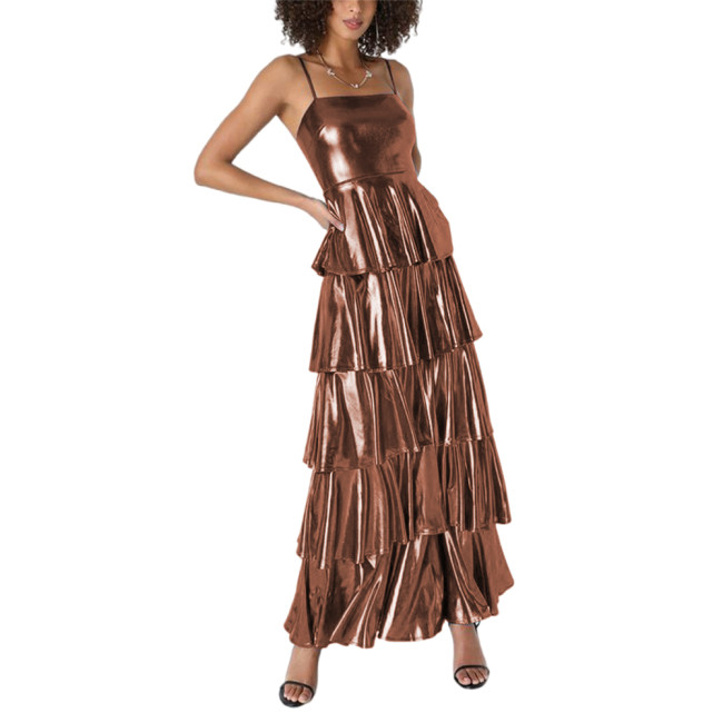 Shiny Metallic Layered Cake Long Dress Summer Streetwear Spaghetti Strap Suspender Ruffled Dress Party Tiered Slim Dress Outfits