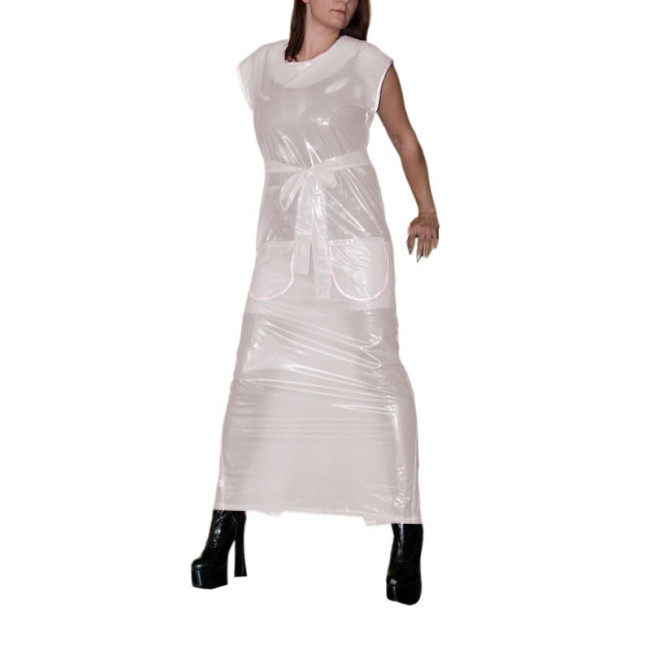 Sexy Clear PVC Ankle-length Pencil Dress Sissy Crew Neck Back Buttons Long Dress with Belt Sleeveless Fetish Plastic Clubwear