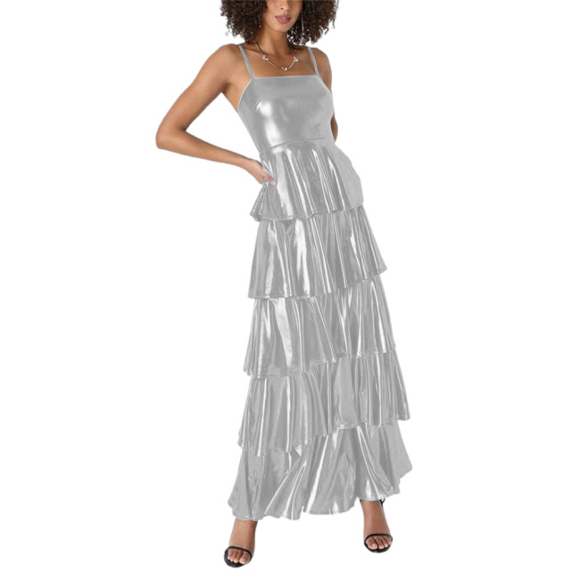 Shiny Metallic Layered Cake Long Dress Summer Streetwear Spaghetti Strap Suspender Ruffled Dress Party Tiered Slim Dress Outfits