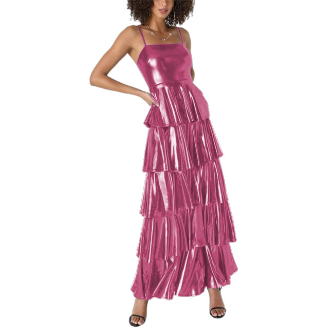 Shiny Metallic Layered Cake Long Dress Summer Streetwear Spaghetti Strap Suspender Ruffled Dress Party Tiered Slim Dress Outfits