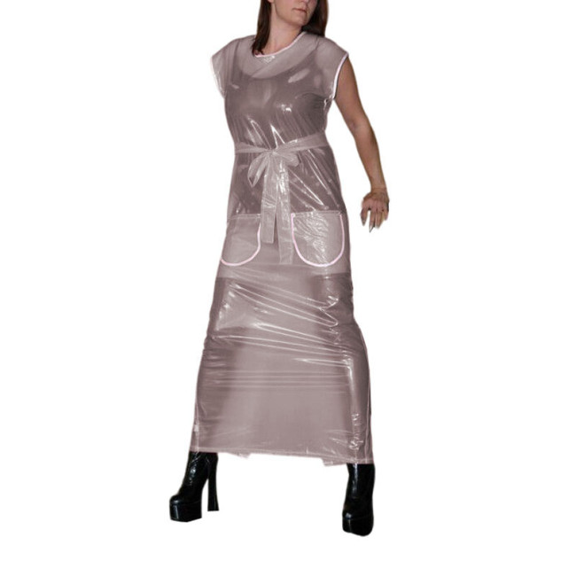 Sexy Clear PVC Ankle-length Pencil Dress Sissy Crew Neck Back Buttons Long Dress with Belt Sleeveless Fetish Plastic Clubwear