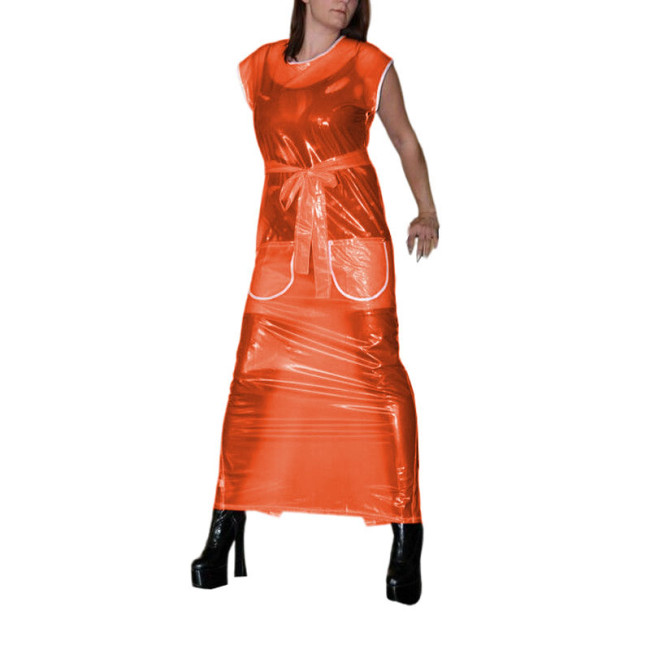 Sexy Clear PVC Ankle-length Pencil Dress Sissy Crew Neck Back Buttons Long Dress with Belt Sleeveless Fetish Plastic Clubwear