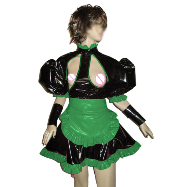 Sexy Sissy Cosplay Cupless Mini Maid Dress with Apron Puff Short Sleeve Hollow Out Erotic Maid Dress Private Party Maid Uniforms