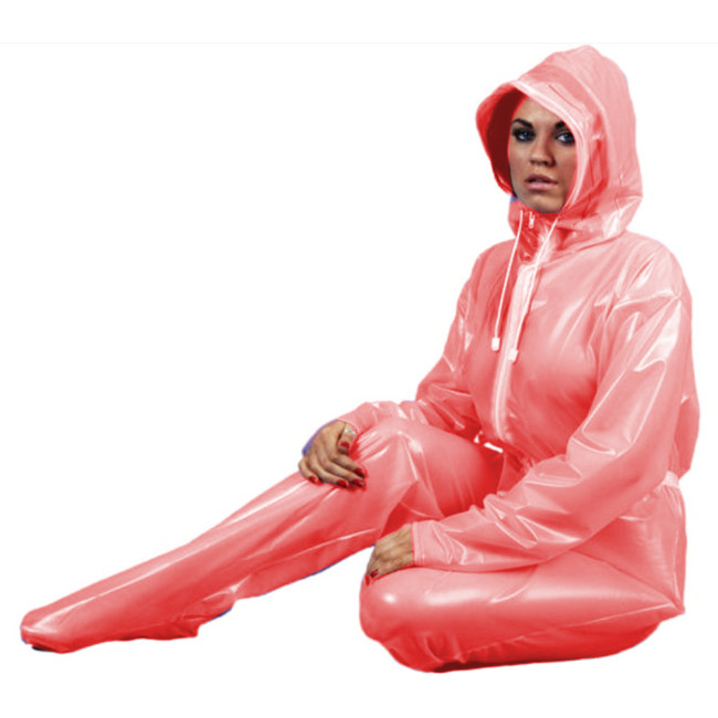 Adult Female Fantasy Wetlook PVC Perspective Hooded Jumpsuits Transparency Clear Long Pants See-through Catsuits Party Clubwear