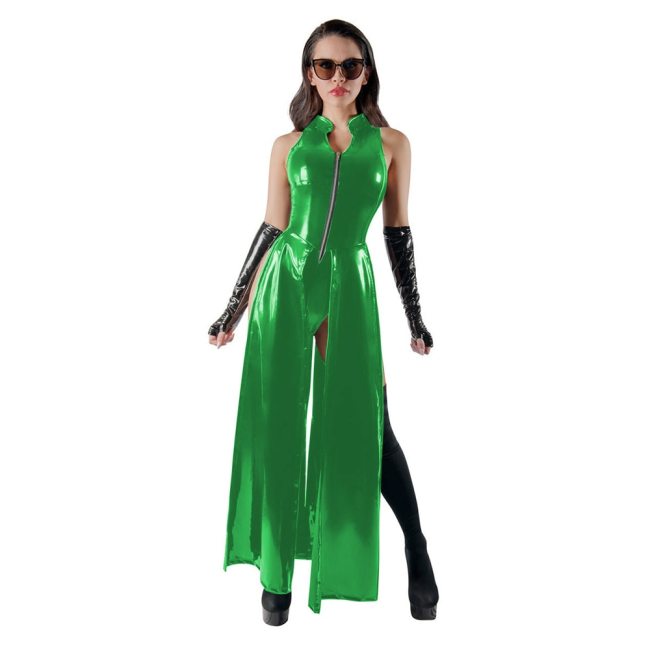 Sexy Wet Look PVC Leather Sleeveless Bodysuit Halloween Fancy Dress High Split Skirted Nightclub Rompers Exotic Shiny Clubwear
