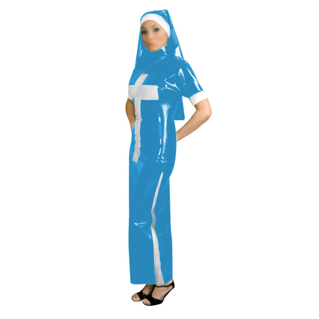 Adults Sexy Naughty Nun Cosplay Costumes Slim Short Sleeve Long Pencil Dress with Headscarf for Clubwear Halloween Fancy Dress
