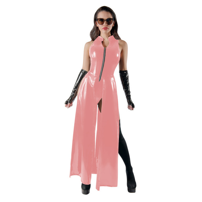 Sexy Wet Look PVC Leather Sleeveless Bodysuit Halloween Fancy Dress High Split Skirted Nightclub Rompers Exotic Shiny Clubwear