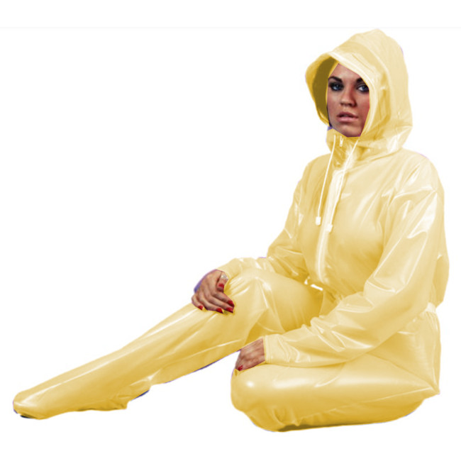 Adult Female Fantasy Wetlook PVC Perspective Hooded Jumpsuits Transparency Clear Long Pants See-through Catsuits Party Clubwear