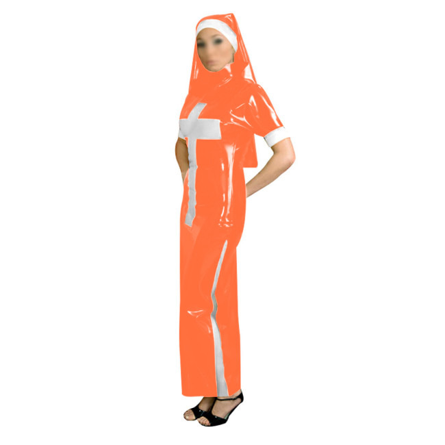 Adults Sexy Naughty Nun Cosplay Costumes Slim Short Sleeve Long Pencil Dress with Headscarf for Clubwear Halloween Fancy Dress