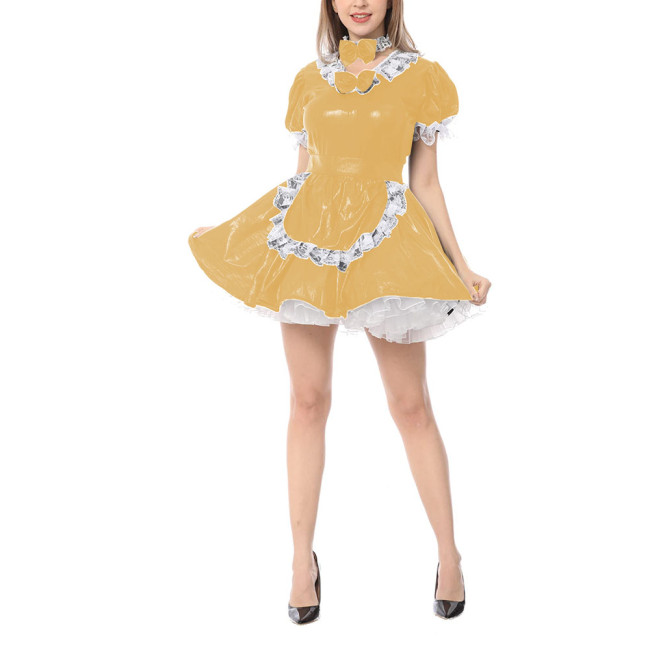 Womens Metallic Shiny Maid Fancy Dress V Neck Short Sleeve Lace Trim Maid Role Play Outfit with Neck Ring Apron Cosplay Costume