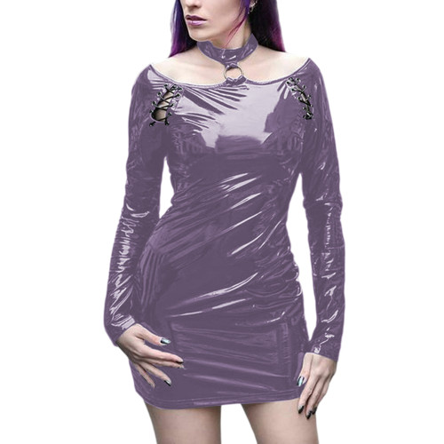 Gothic Punk Girls Vinyl PVC Bodycon Mini Dress Metal Ring Decor Hollow Out Dress Glossy Leather Long Sleeve Slim Dress Clubwear