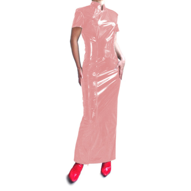 Sexy Shiny PVC Stand Collar Cheongsam Women's Dress Elegant Short Sleeve Novelty Long Pencil Dress Vinyl Leather Evening Dress