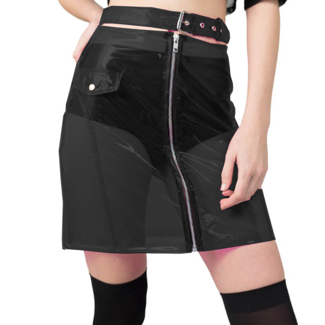 Sexy Transparency PVC Leather Buckle Belt See-through Pockets Mini Skirts Front Zip-up Perspective Leotard Pencil Skirts S-7XL
