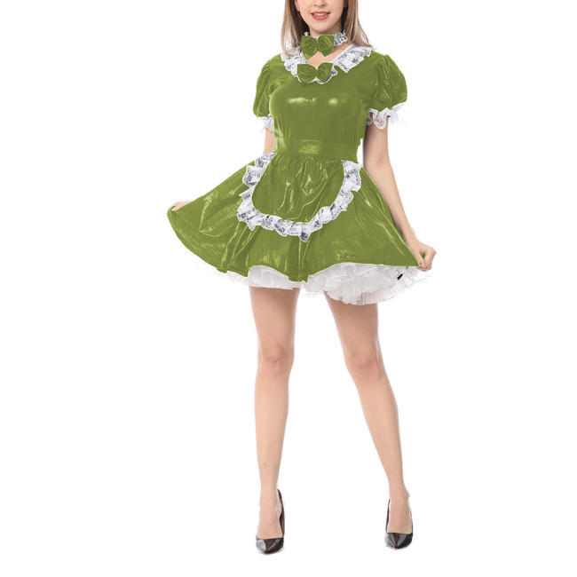 Womens Metallic Shiny Maid Fancy Dress V Neck Short Sleeve Lace Trim Maid Role Play Outfit with Neck Ring Apron Cosplay Costume