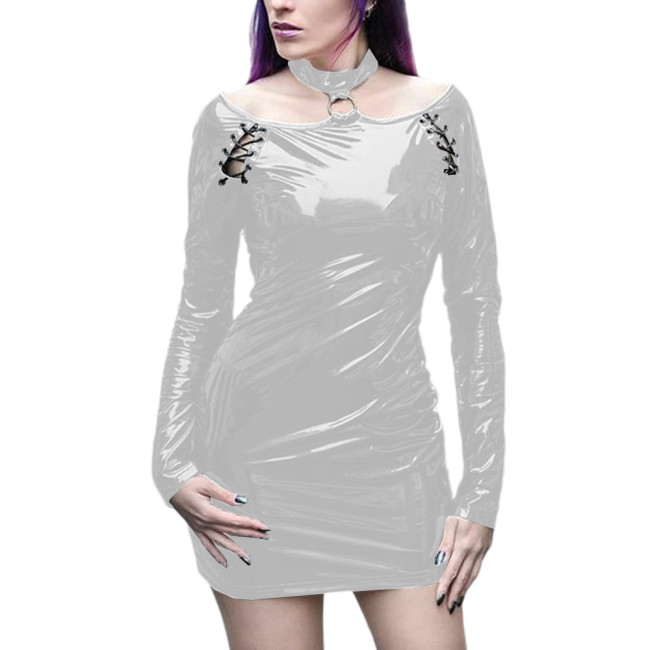 Gothic Punk Girls Vinyl PVC Bodycon Mini Dress Metal Ring Decor Hollow Out Dress Glossy Leather Long Sleeve Slim Dress Clubwear