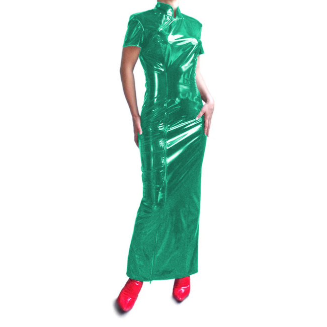 Sexy Shiny PVC Stand Collar Cheongsam Women's Dress Elegant Short Sleeve Novelty Long Pencil Dress Vinyl Leather Evening Dress