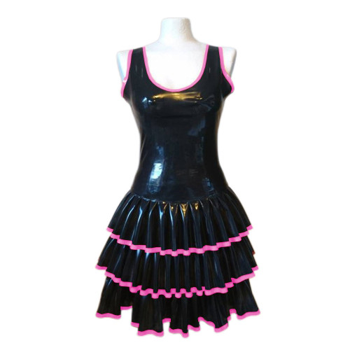 Glossy PVC Leather Mini Dress Sexy Sleeveless Tank Dress Fashion Pleated Edge Cake Dress  Double Layer Skater Dress Club Dress