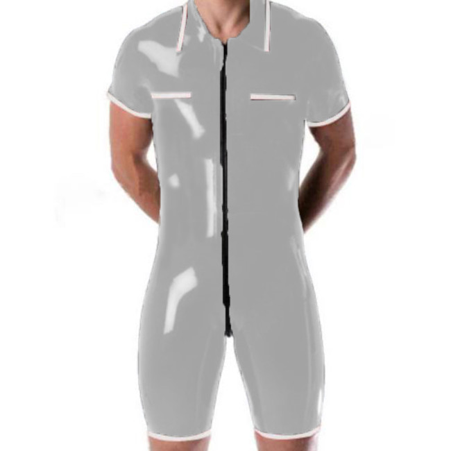 Fashion Glossy Bodysuit Leather Men Lapel Short Sleeve Leotard Trousers Cargo Pants Catsuit Stage Costume Nightclub S-7XL